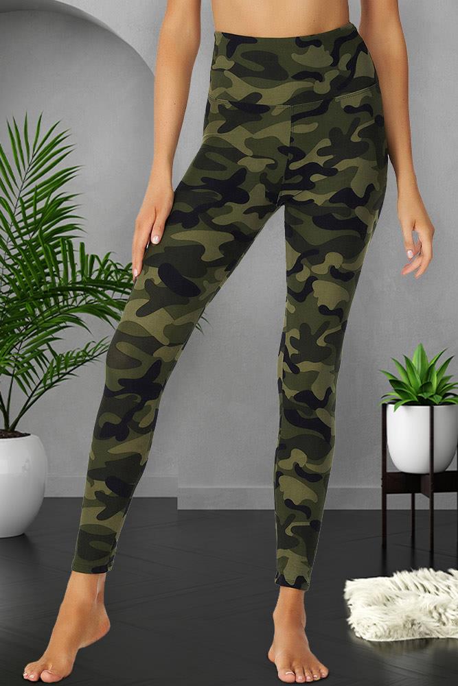 Girls Army Green Camouflage Print Leggings