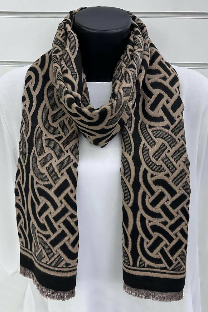 White and taupe geometric linen scarf - Made in Italy