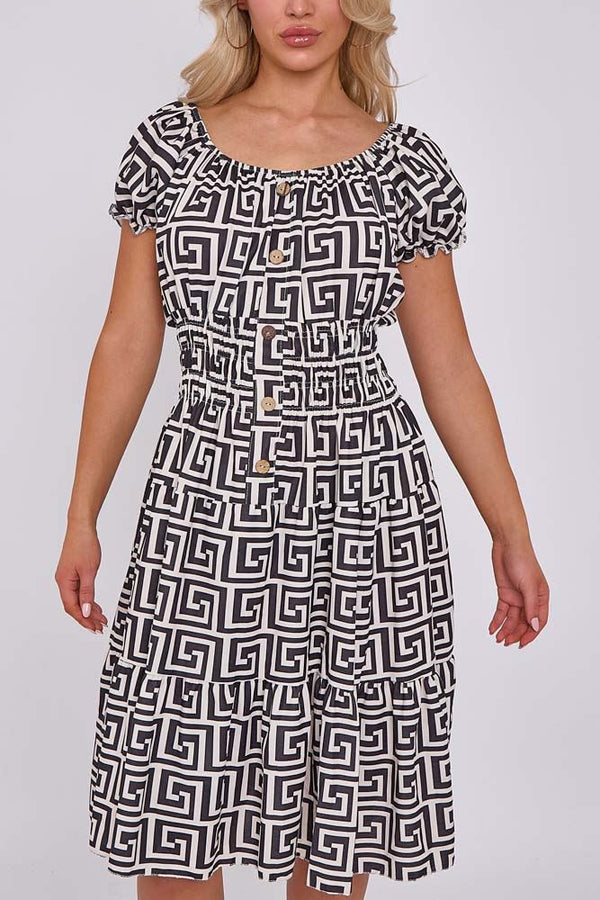 Greek Key Print Tiered Dress