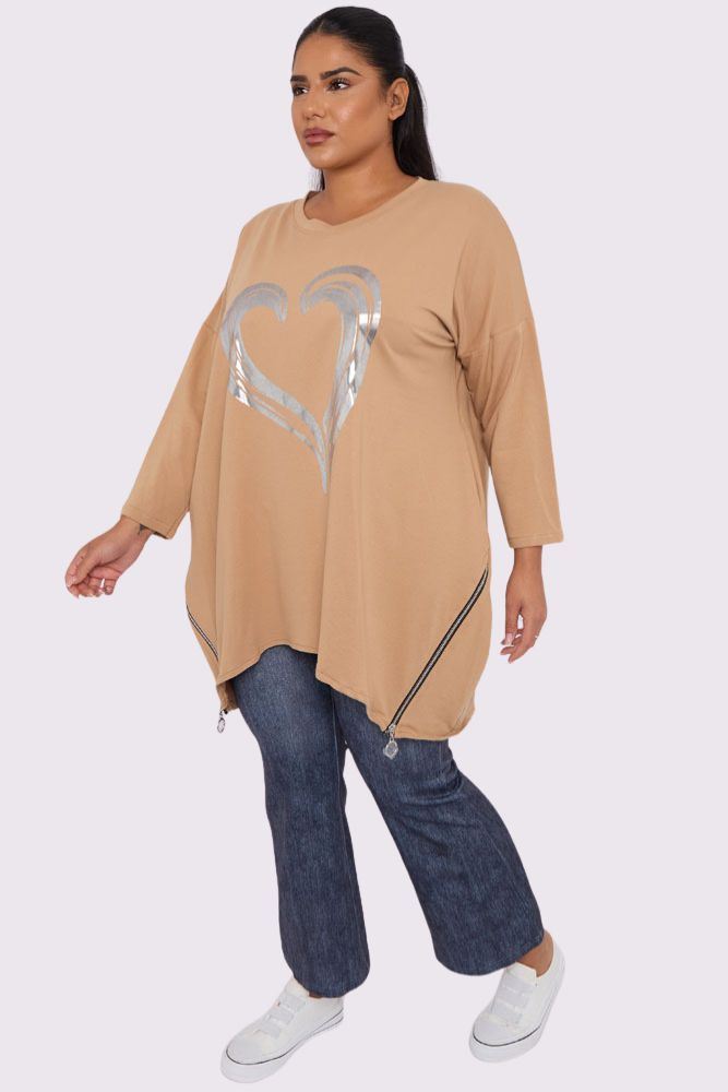 Foil Heart Print Side Zip Detail Cotton Top