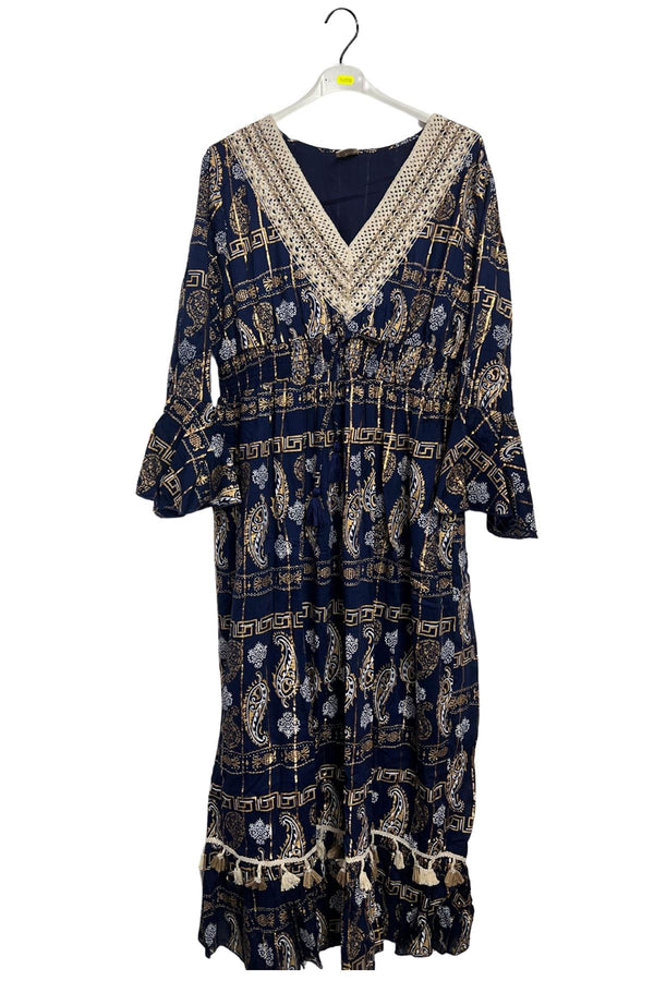 Paisley Geometric Motifs With Grecian Border Vintage Bohemian Dress