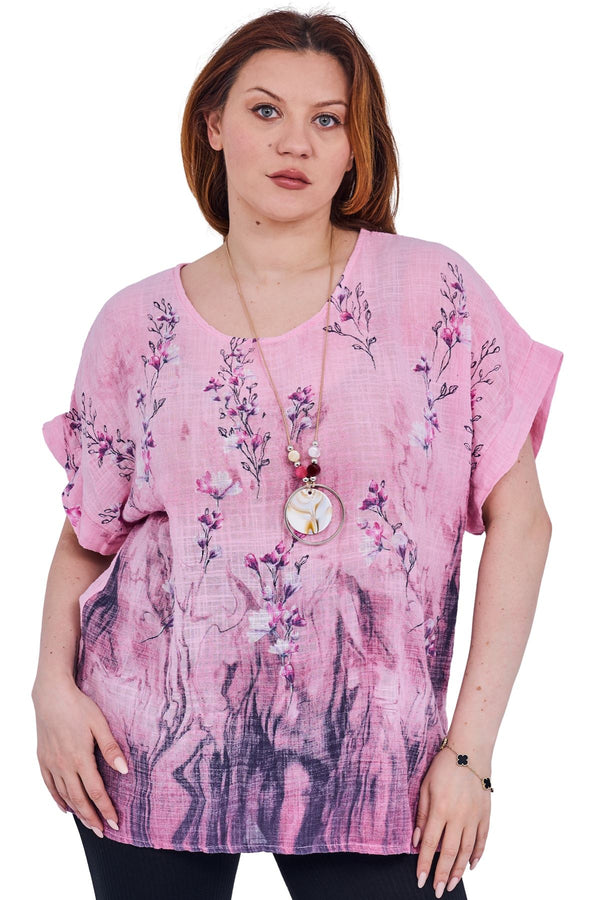 Floral Print Necklace Tunic Cotton Top