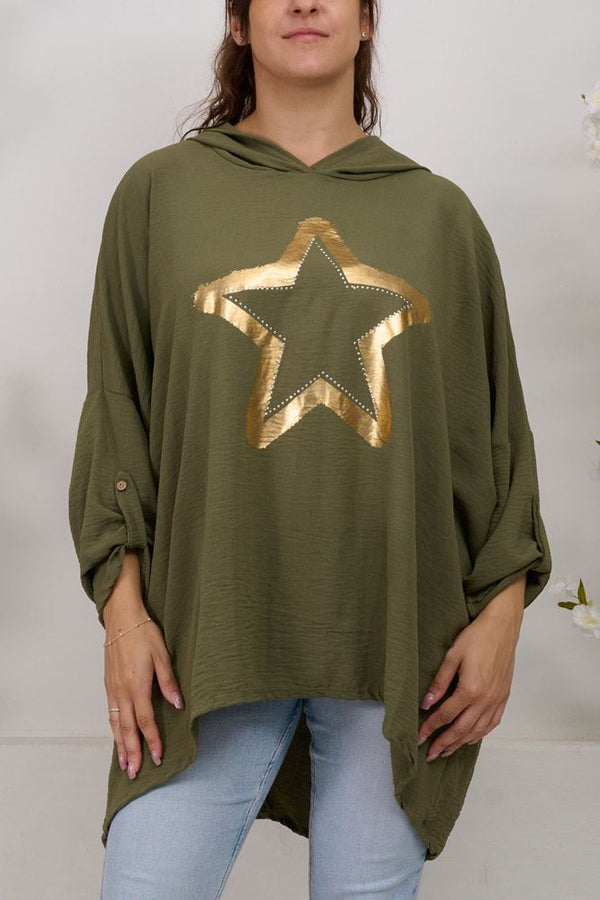 Foil Star Pattern Dipped Hem Viscose Hoody