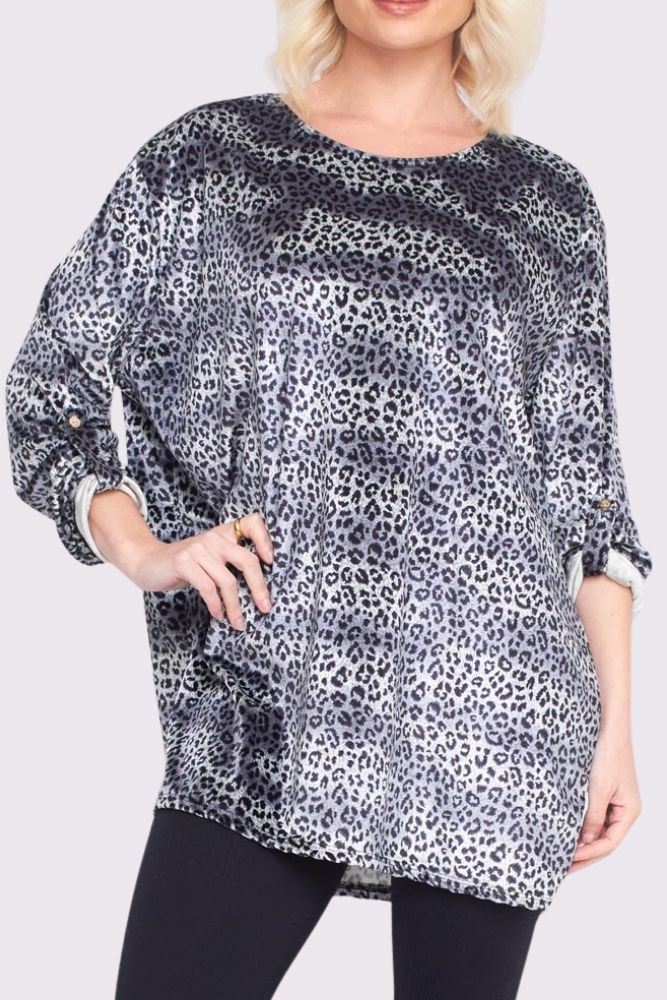 Animal Print Button Up Sleeve Dip Hem Top