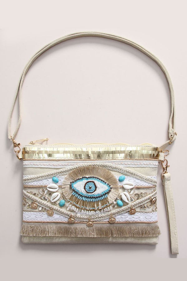 Eye Detail Beaded Tassel Clutch Bag