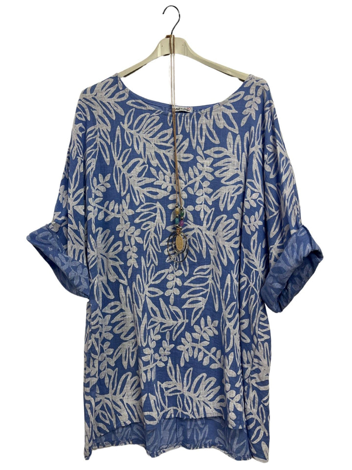 Floral Print Necklace Cotton Tunic Top