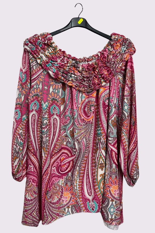 Paisley Print Ruffle Neck Top