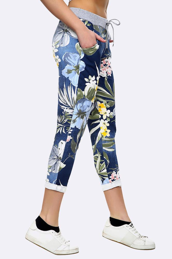 Cotton Leaf Print Foldover Hem Trouser