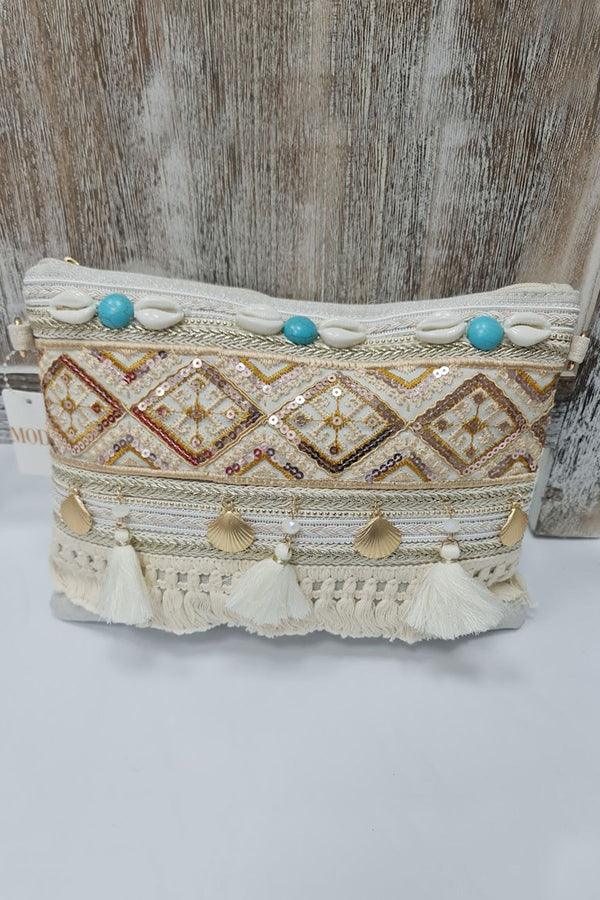 Stone Shell Tassel Clutch Bag