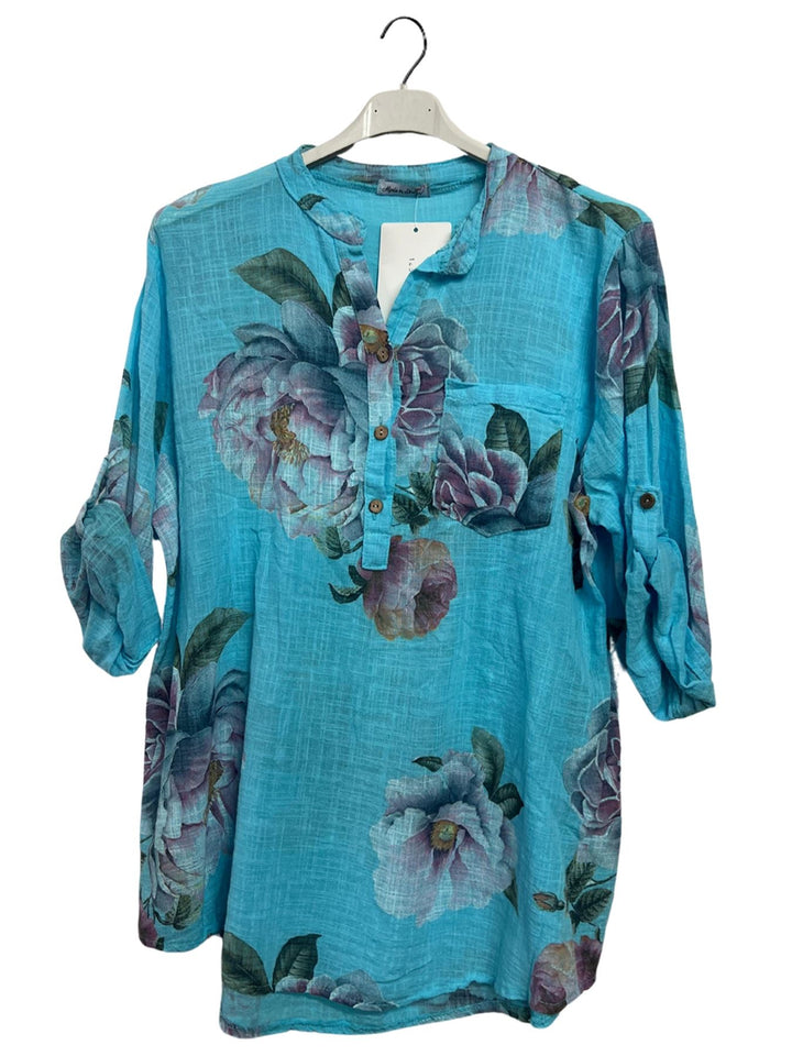 Floral Print Single Chest Pocket Tunic Cotton Top