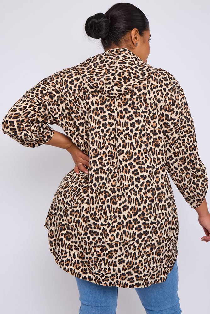 Leopard Print Drawstring Hooded Shirt