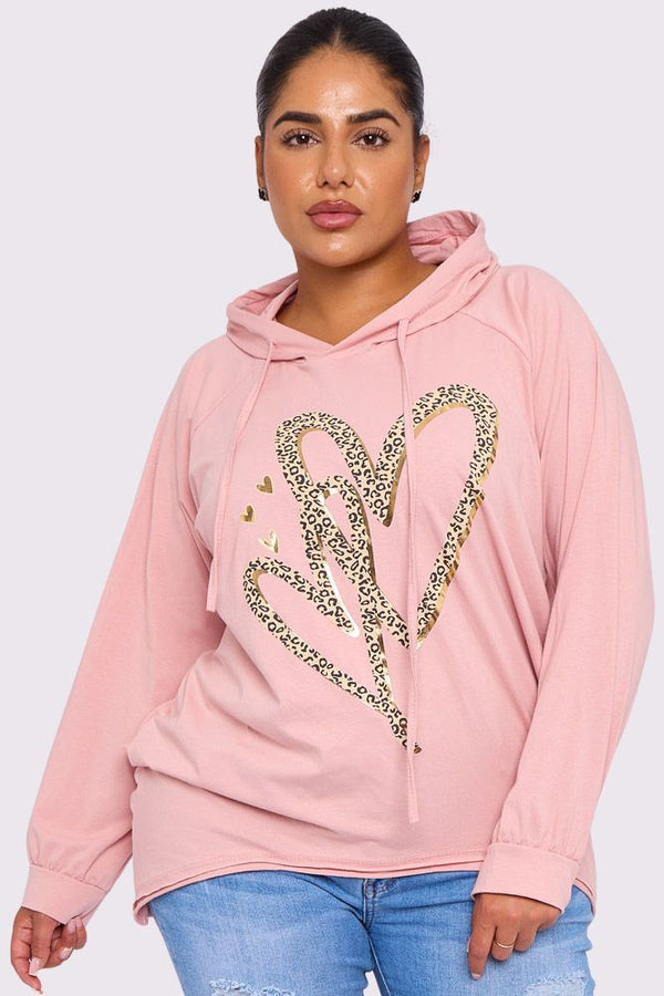 Leopard Print Heart Drop Hem Drawstring Hoodie