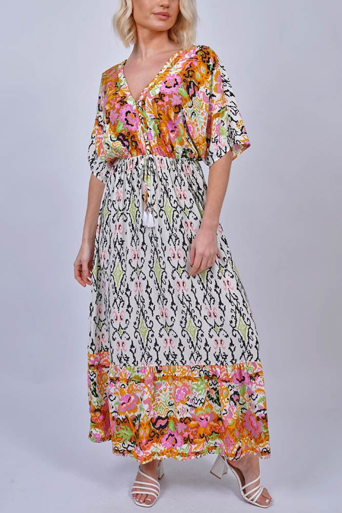 Abstract Aztec Print Drawstring Tie Back Dress