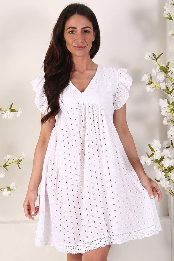 Cutwork Frill Sleeve  Cotton Dress