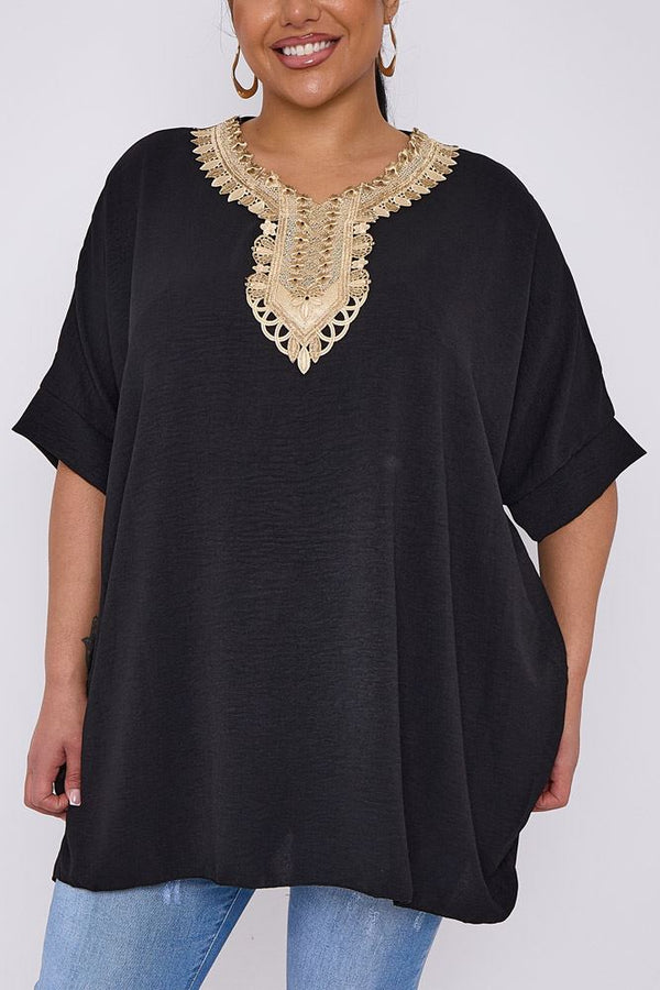 Plain Lace Neckline Batwing Top