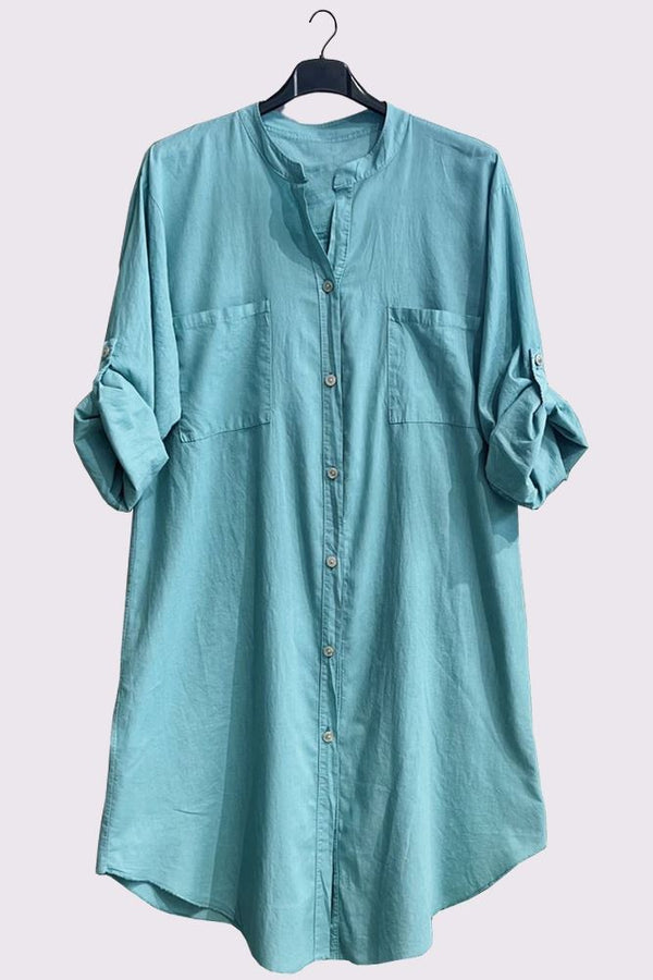 Plain Button Up Pockets Cotton Long Shirt