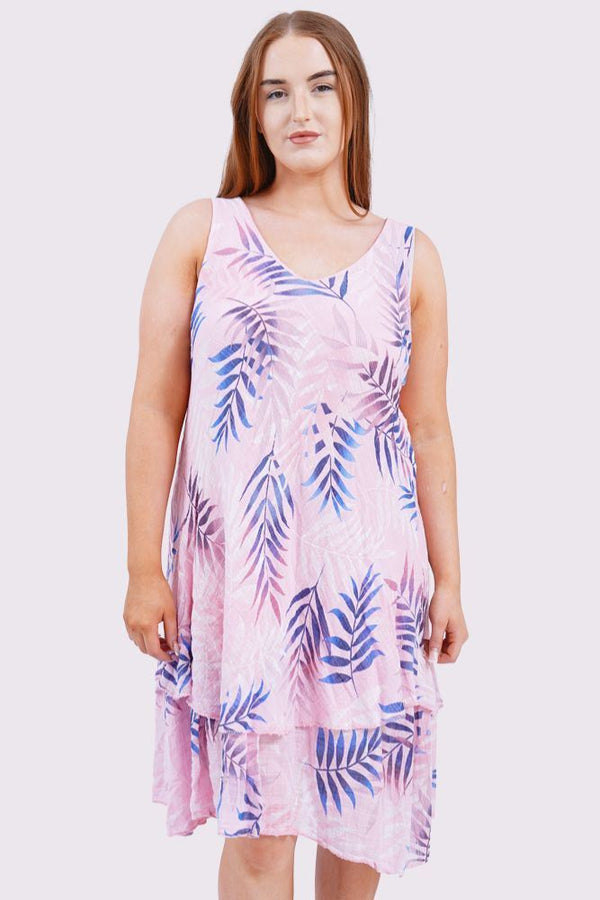 Tropical Leaves Print Layered Hem Cotton Dress