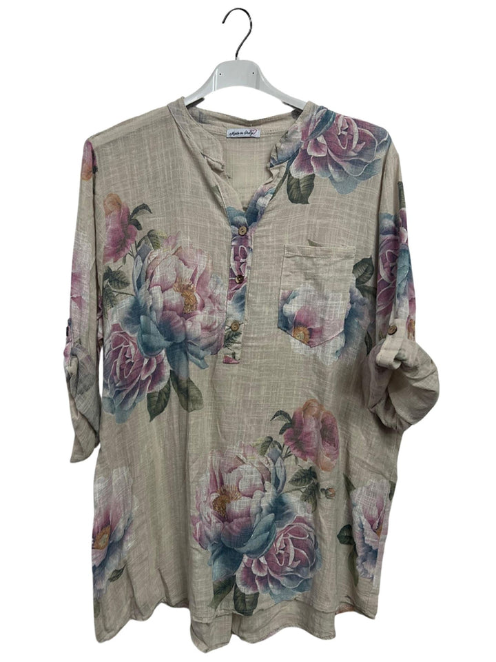 Floral Print Single Chest Pocket Tunic Cotton Top