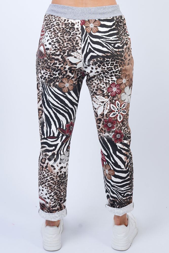 Animal Floral Print Pockets Cotton Jogging Bottom