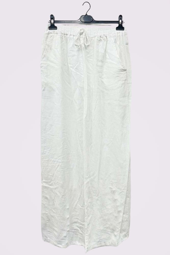 Plain Wide Leg Drawstring Pockets Linen Palazzo