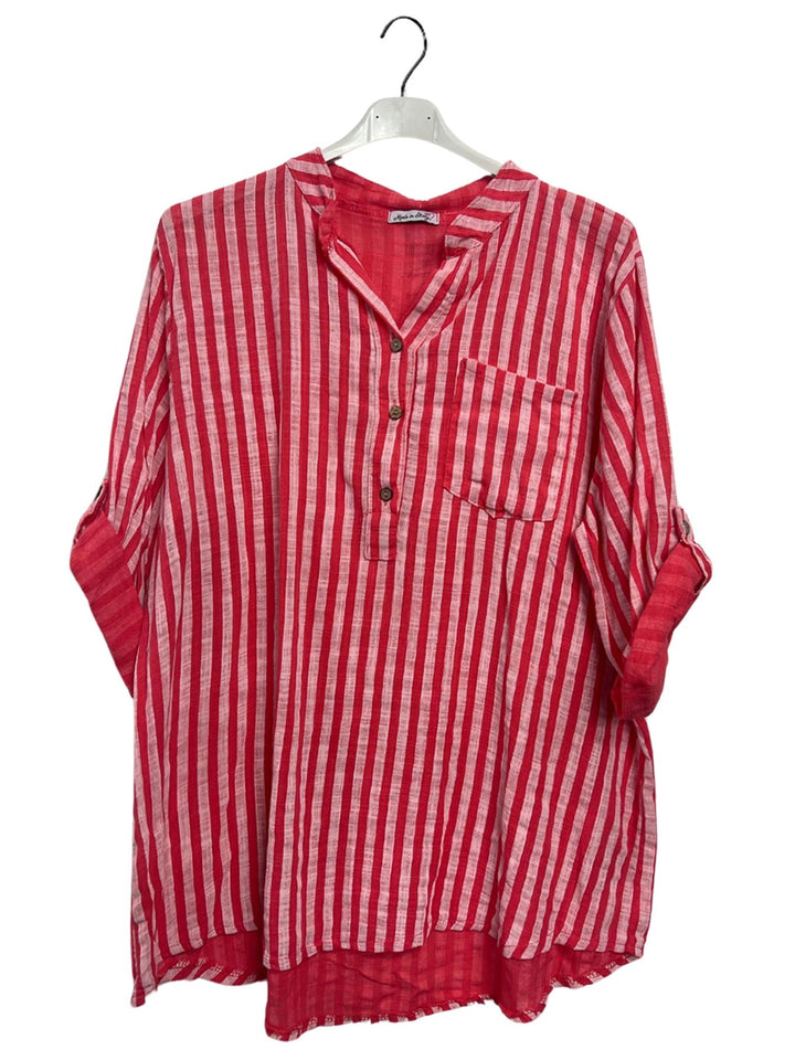 Vertical Stripes Print Single Chest Pocket Tunic Cotton Top