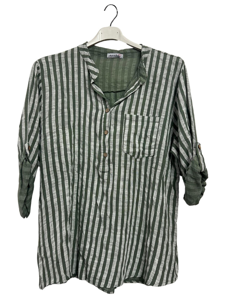 Vertical Stripes Print Single Chest Pocket Tunic Cotton Top