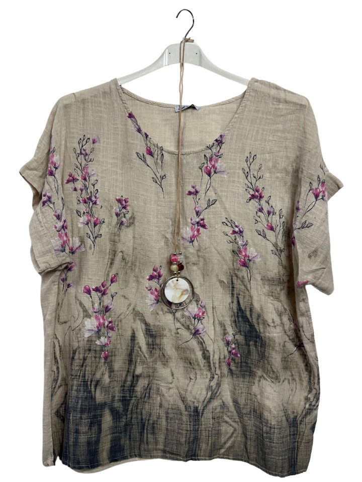 Floral Print Necklace Tunic Cotton Top