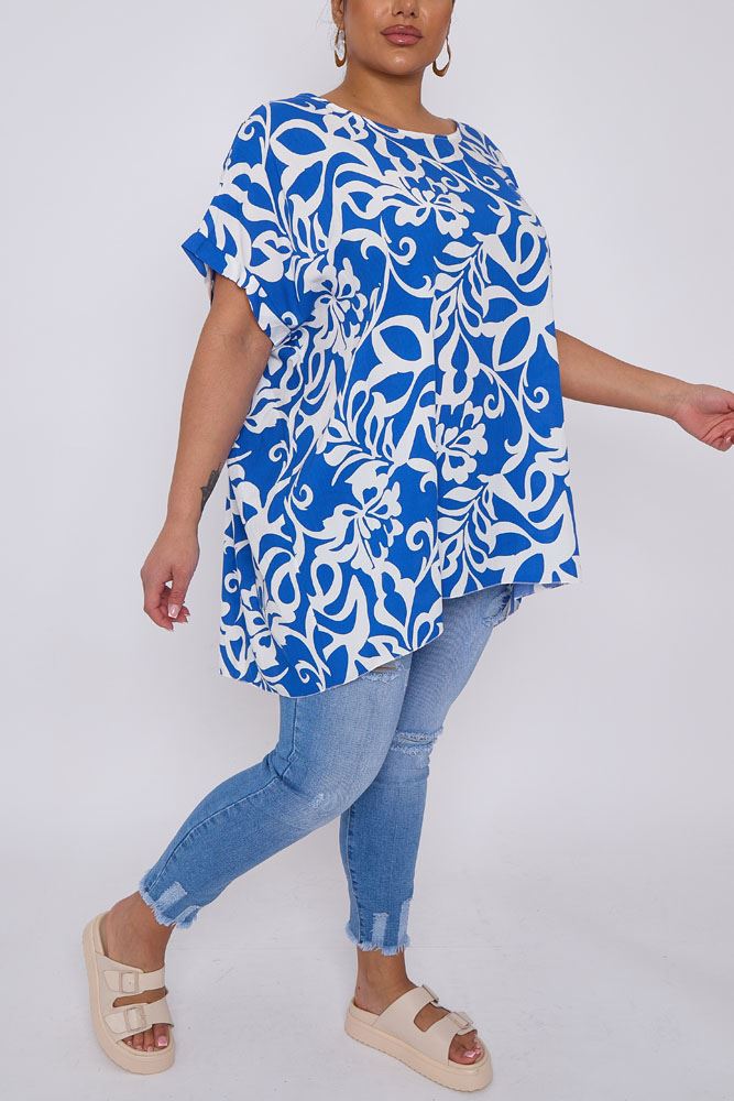 Abstract Floral Print High Low Hem Top