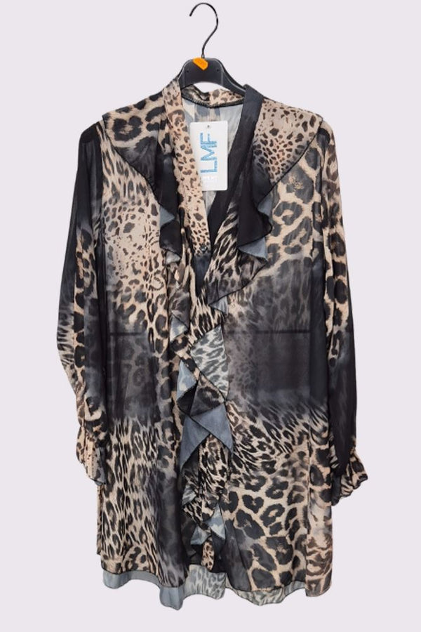 Leopard Print Oversized Front Ruffle Top