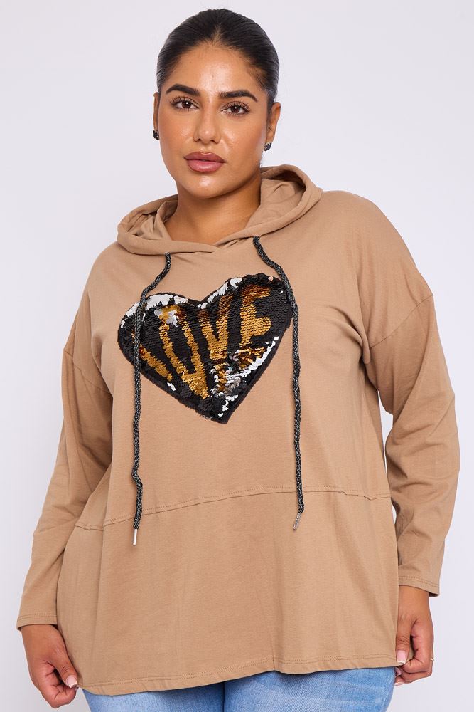 Sequin Love Heart Drop Hem Drawstring Hoodie