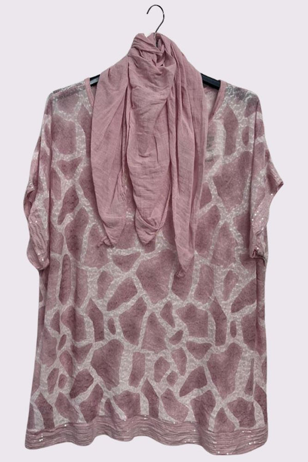 Giraffe Print Sequin Detail Hem With Scarf Box Top