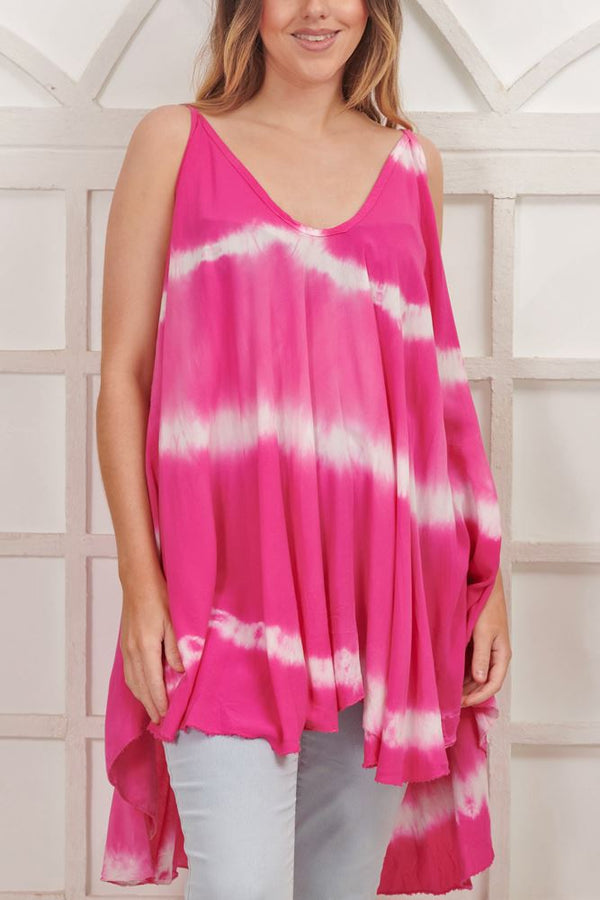 Tie Dye Print Dipped Hem Viscose Top