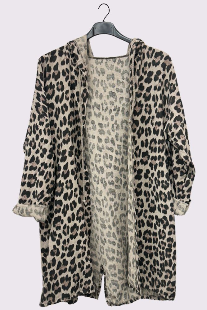 Leopard Print Hooded Drawstring Hem Cotton Cardigan