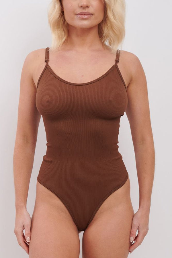 Plain Strappy Seamless Ribbed Nylon Bodysuit