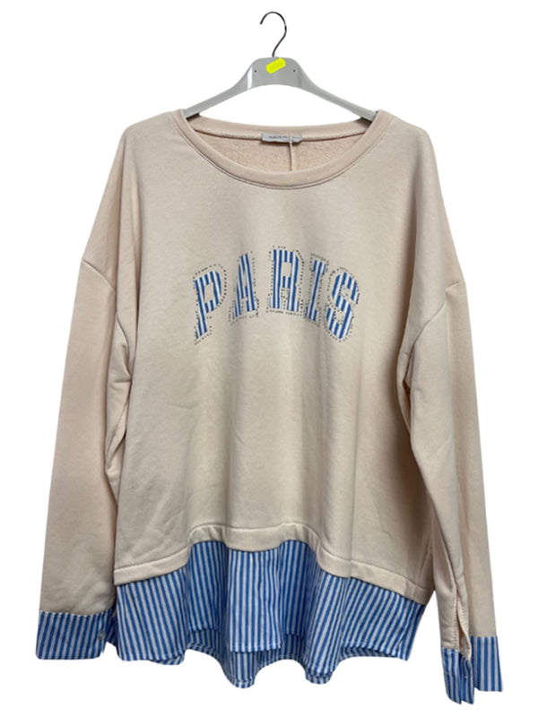 Paris Graphic Print Contrasting Striped Hem Cotton Sweatshirt