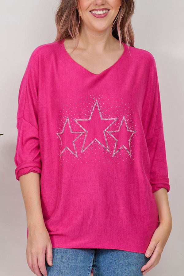 Diamante Star Motif Dipped Hem Viscose Top