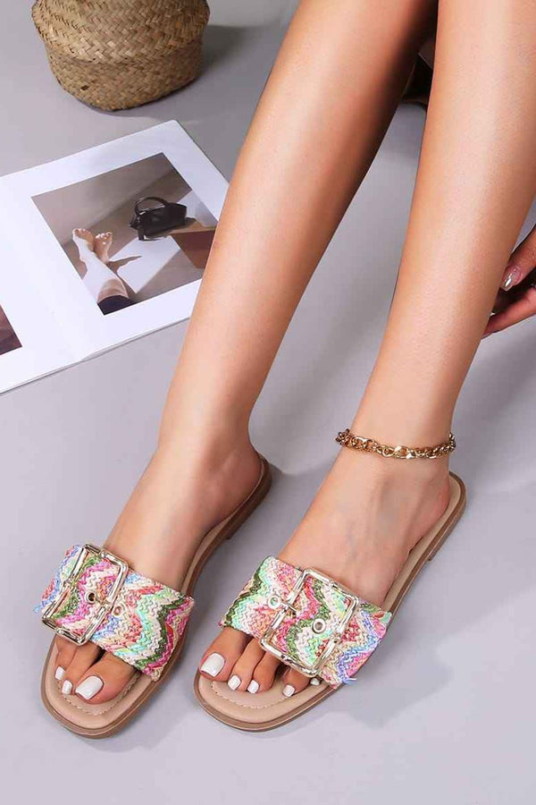 Multi Color Buckle Strap Flat Slipper