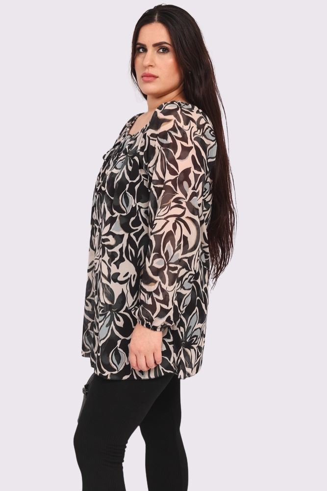 Flower Print Drawstring Neck Tunic Top