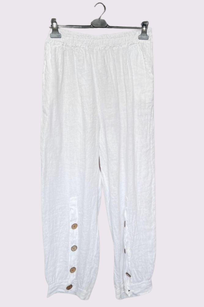 Plain Split Hem Button Detail Linen Trousers