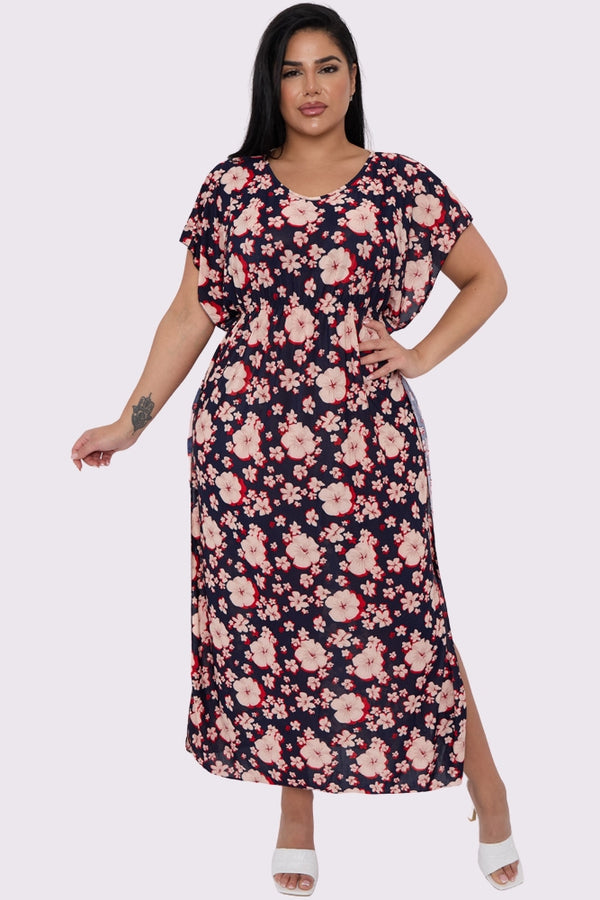 Hibiscus Flower Print Side Slit Kaftan Dress