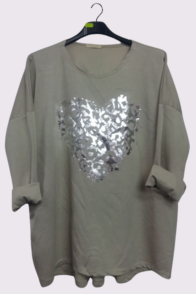 Foil Leopard Heart Print Dipped Hem Top