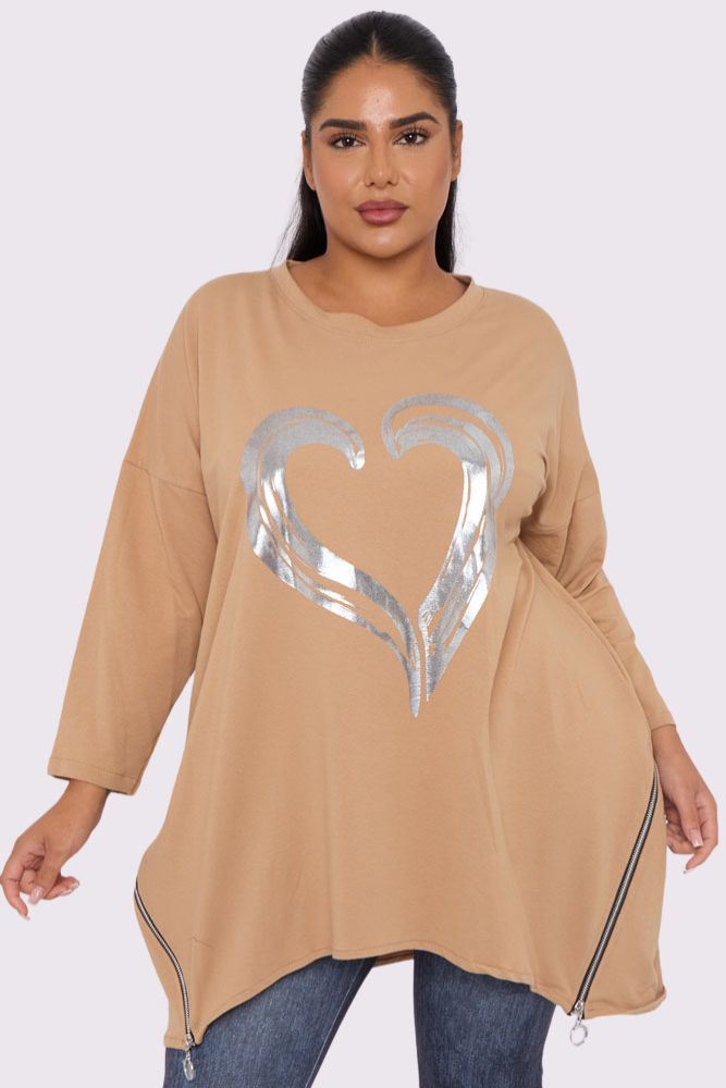 Foil Heart Print Side Zip Detail Cotton Top