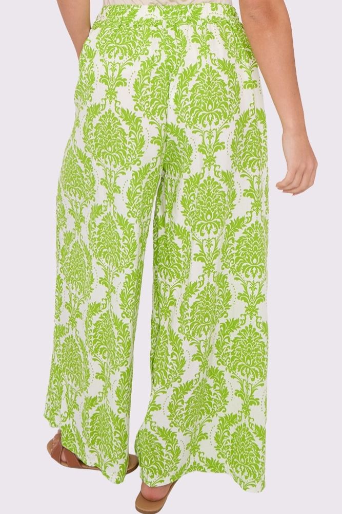 Damask Print Drawstring Waistband Wide Leg Palazzo