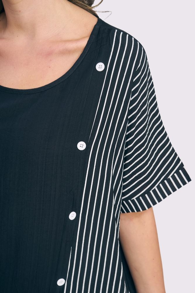 Stripe Print Side Button Detail Cotton Top