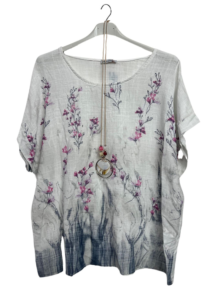 Floral Print Necklace Tunic Cotton Top