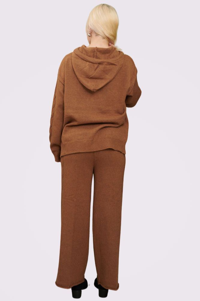 Cable Knit Pattern Hoodie Wide Leg Knit Co-Ord Set