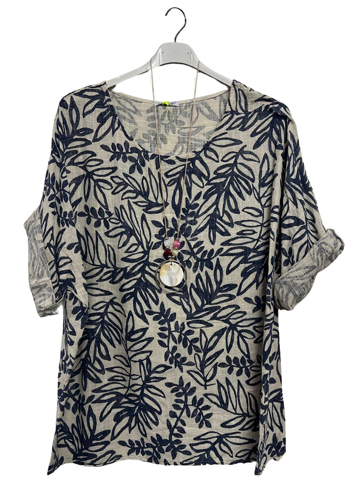 Floral Print Necklace Cotton Tunic Top