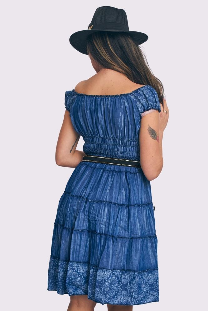 Paisley Print Shirred Waist Tiered Denim Cotton Dress