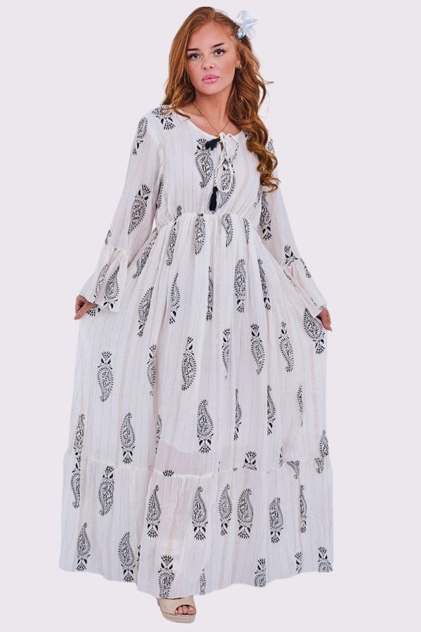 Paisley Print Round Neckline with Keyhole Tassel String Dress