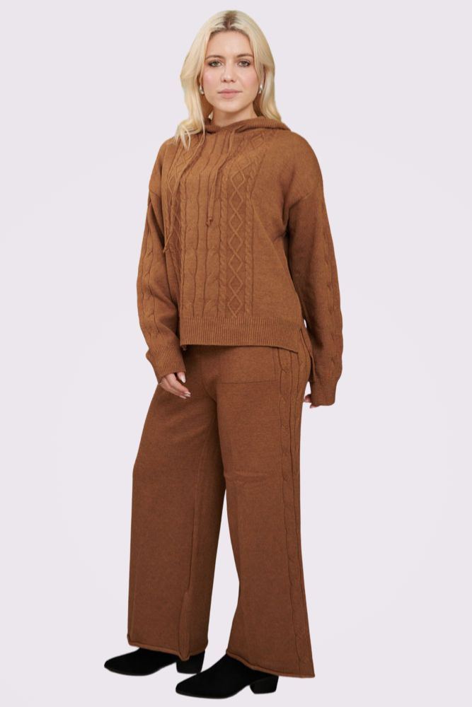 Cable Knit Pattern Hoodie Wide Leg Knit Co-Ord Set